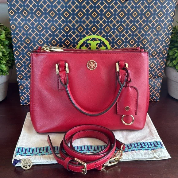 TORY BURCH "ROBINSON" MINI❤️KIR ROYALE❤️SAFFIANO LEATHER DOUBLE ZIP TOTE 🌟EUC🌟 - Picture 3 of 17